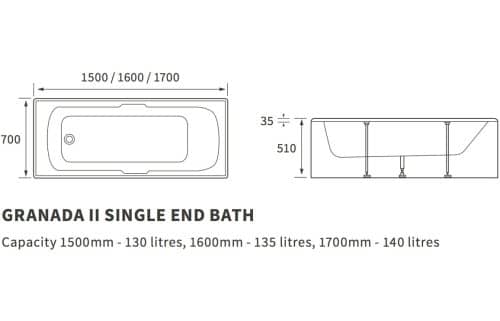 Granada II Single End Twin Grip Textured Base 8mm 1700x700 2TH Bath - Image 2