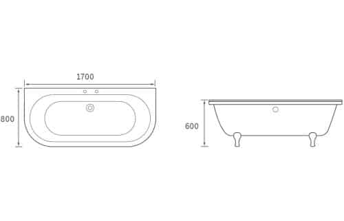 Finchley Freestanding Back To Wall 2TH 1700x800x600mm Bath w/Feet - White - Image 4