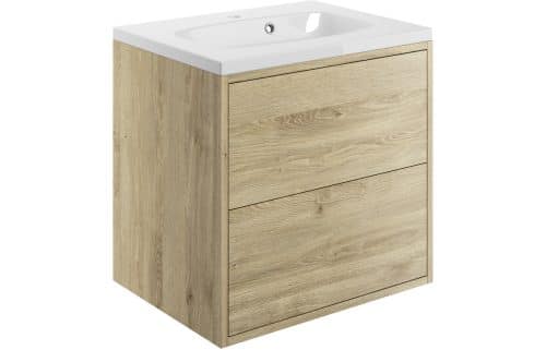 Perla 600mm 2 Drawer Wall Hung Basin Unit Inc. Basin - Havana Oak