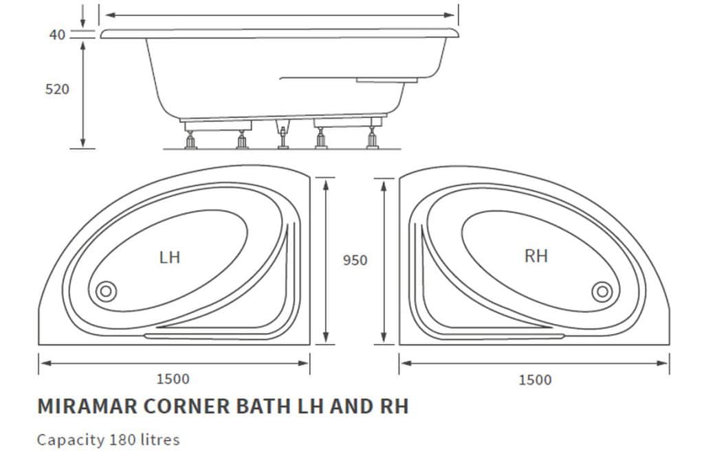 Miramar 1500x950 RH Offset Corner Bath & Legs MPH