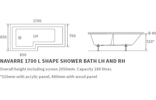 Navarre SUPERCAST L Shape 1700x850 RH Shower Bath Pack - Image 3