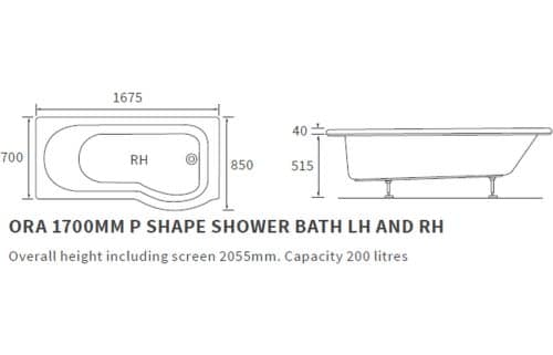 Ora P Shape 1700x850 LH Shower Bath Pack - Image 2