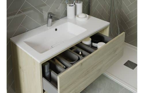Perla 600mm 2 Drawer Wall Hung Basin Unit Inc. Basin - Havana Oak - Image 4