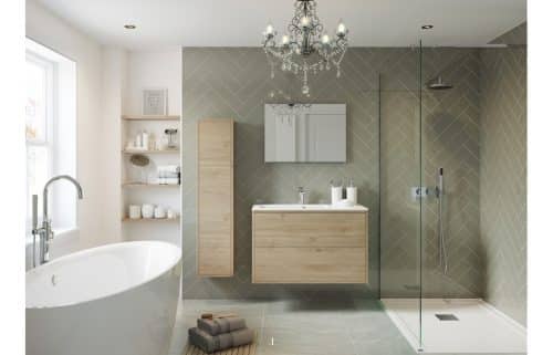 Perla 600mm 2 Drawer Wall Hung Basin Unit Inc. Basin - Havana Oak - Image 2